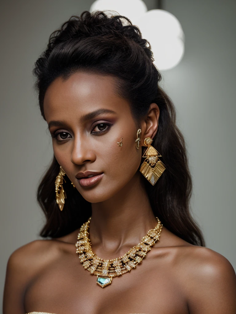 Realistic photo of a beautiful 1m4n woman, 1girl,solo,looking at viewer,brown eyes,jewelry,earrings,dark skin,necklace,dark-skinned female,lips,makeup,portrait,realistic,soft lighting, professional Photography, Photorealistic, detailed, RAW, analog, sharp focus, 8k, HD, high quality, masterpiece<lora:1m4n:1.0>