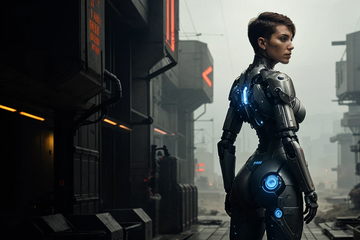 Cinematic film still, rear angle, of a [Cyborg|dark elf] woman soldier with short hair, mechanical joints, wearing futuristic cyberpunk combat armor, dirt on armor, scuff marks, cyber optics, (big ass), standing, ambient light], serious expression, detailed face, science fiction, [reflections], middle east cyberpunk village, debris, burning building, [sandstorm], overcast, outdoors, (cinematic lighting:1.1), fog, soft focus, photographed on a Sony ILCE-7M3, 24mm f2.8 cine lens, ISO 12800, blue hue, sci-fi war film, medium closeup, cowboy shot, at night, 5800K color temperature, highly detailed skin, from behind, combat footage, ass focus, erotic, pointy ears
