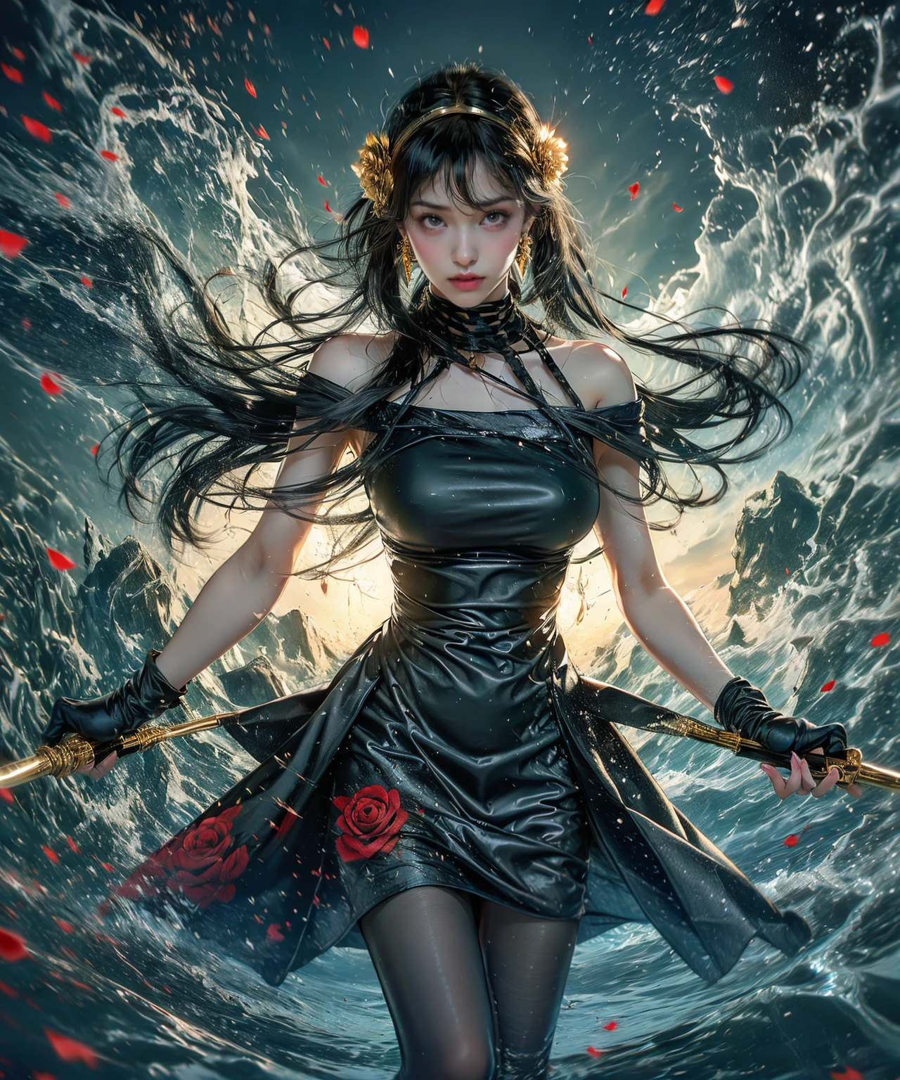 yor briar,black pantyhose,book,bookshelf,breasts,cleavage,coffee,coffee mug,cup,pantyhose,plant,window,water,splashing,1girl,bare shoulders,black dress,black gloves,black hair,blood,blood on face,blood on weapon,breasts,closed mouth,cowboy shot,dress,earrings,expressionless,fingerless gloves,floating hair,floral print,flower,gloves,gold earrings,gold hairband,hair flower,hair ornament,hairband,holding,holding weapon,jewelry,large breasts,light particles,long hair,looking at viewer,off-shoulder dress,off shoulder,petals,red eyes,rose,rose petals,rose print,short hair with long locks,sidelocks,solo,spikes,thighs,two-sided dress,two-sided fabric,
Best quality,masterpiece,ultra high res,haifeisi,<lora:yorBriarSpyFamily_lykonV1:0.8>,<lora:æµ·é£ä¸v4.1:0.7>,