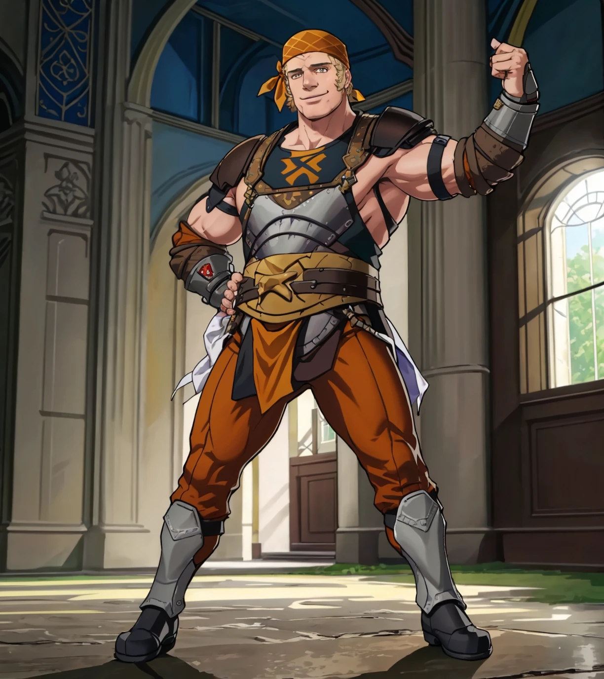 masterpiece, 1boy, solo, full body, smile, flexing, <lora:RaphaelFE3H-bsinky-v1:0.8> hopesRaphael, bandana, sideburns, armor, muscular, biceps, pectorals, sidepec, boots, indoors, castle, pants