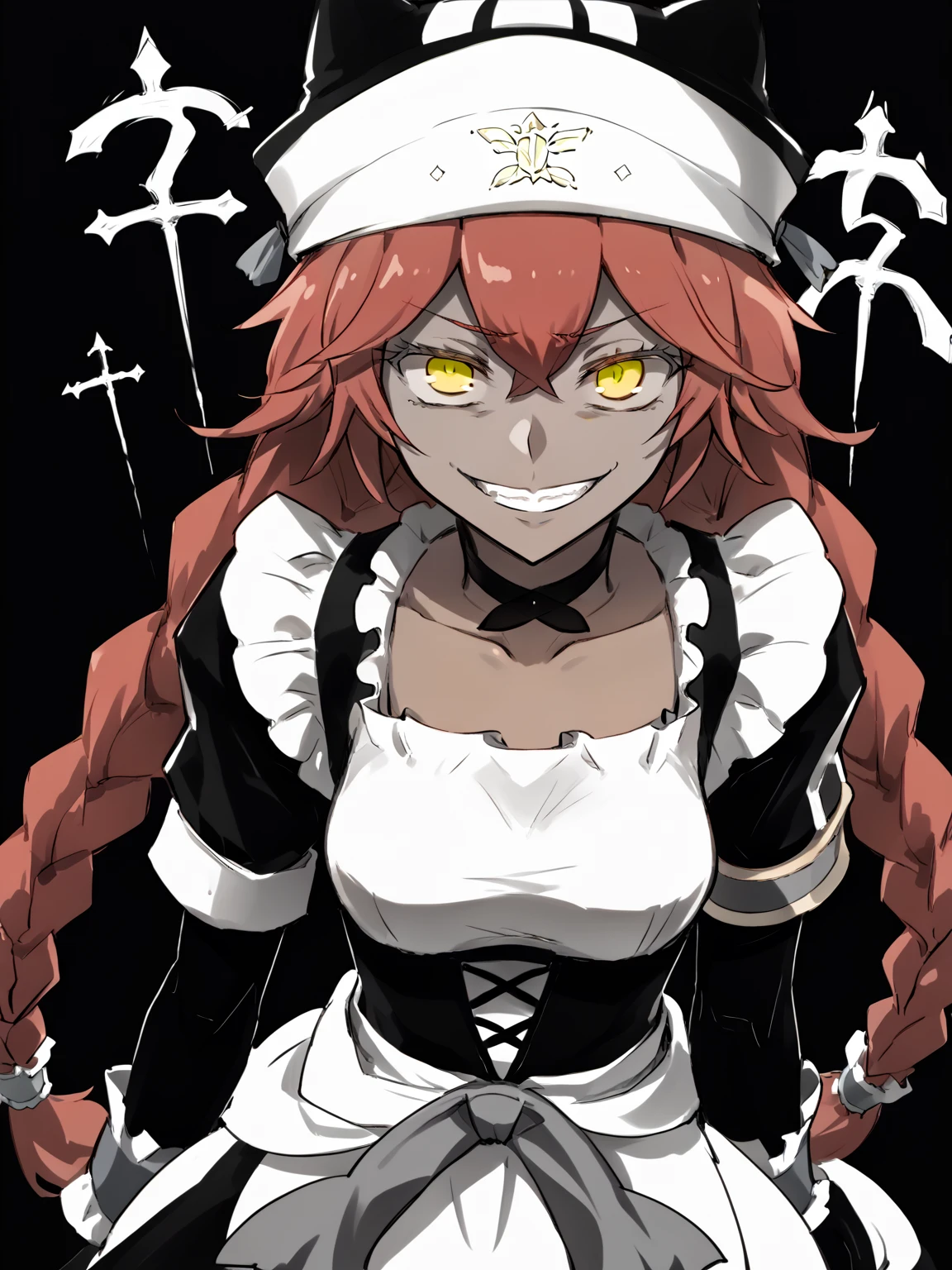 score_9, score_8_up, BREAK, source_anime,  monochrome, greyscale, ebiblue, gesugao, 1girl, lupusregina, red hair, long hair, twin braids, yellow eyes, dark skin, choker, dress, hat, maid, (glowing eyes:0.5), sadistic smile, looking at viewer, solo, sketch, black background   <lora:EbiblueXL:1>  <lora:LupusReginaXL:0.9>