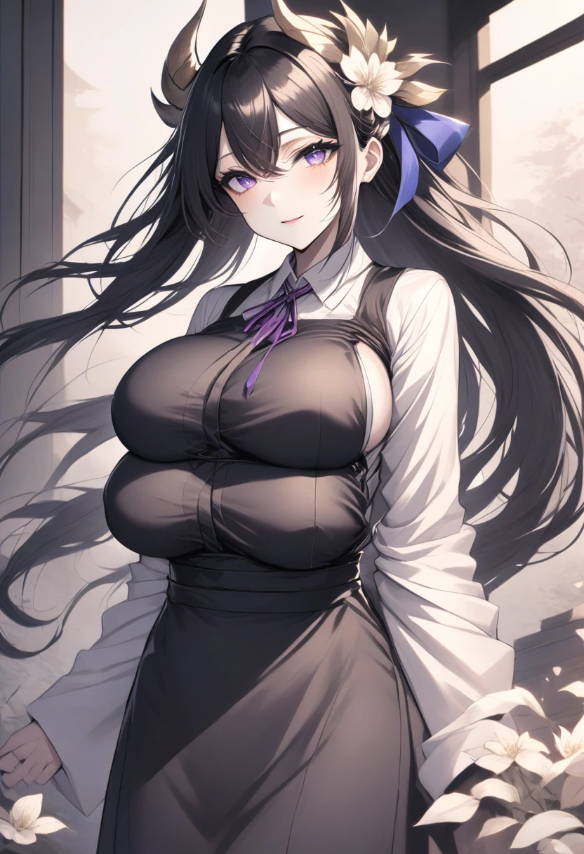 masterpiece, best quality, (monochrome:0.7),(highres), original, extremely detailed 8K wallpaper,
///////////////////
(many breasts:1.3),1girl, solo, horns, japanese clothes, smile, long hair, black hair, yellow eyes, looking at viewer, kimono, blush, hair ornament, upper body, closed mouth, bangs, flower, indoors ,long hair, solo, flower, ribbon, shirt, dress, long sleeves, white shirt, neck ribbon, petals, outdoors, collared shirt, very long hair, white flower, black dress, pinafore dress, floating hair, bangs, purple ribbon, white hair, purple eyes, hair between eyes, outstretched arm, upper body, parted lips, blurry, sleeveless dress, closed mouth, artist name, wind, blue ribbon, grey hair, holding
///////////
////////   <lora:ManyBreasts-000077:1>