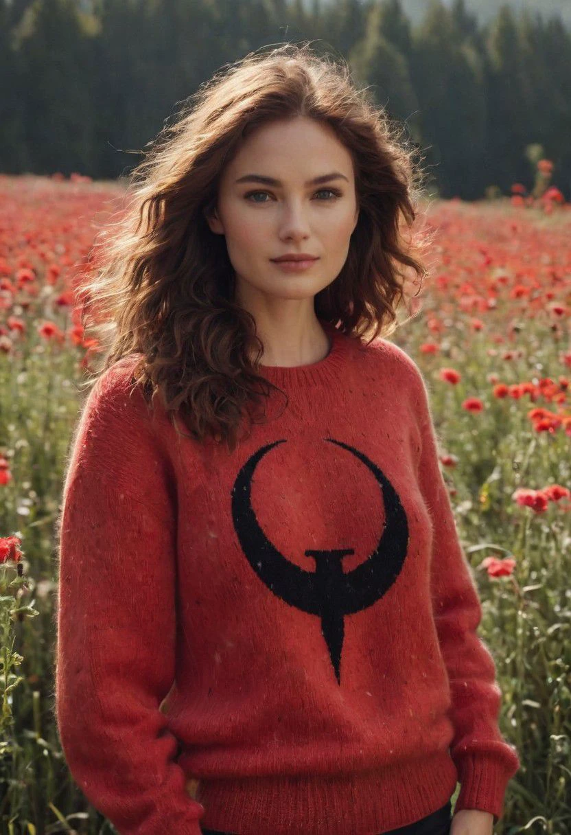 freckled natural woman with 80s fluffy black knitted quake icon sweater, red quake icon, smiling to camera infront of romantic flower meadow, quake logo, quake icon, 
 very detailed, atmospheric haze, Film grain, cinematic film still, shallow depth of field, highly detailed, high budget, cinemascope, moody, epic, OverallDetail, gorgeous, 2000s vintage RAW photo, photorealistic, candid camera, color graded cinematic, eye catchlights, atmospheric lighting, skin pores, imperfections, natural, shallow dof