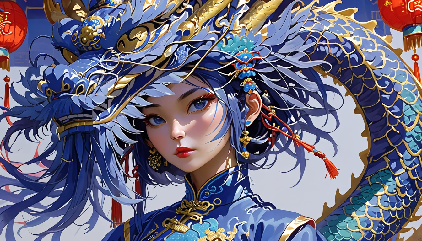 lowborn Female Mentat, wearing Shabby Indigo Traditional Chinese Garb and a Dragon Mask, (sci-fi art designed by Donato Giancola:0.8) , New Wave Art, 800mm lens, futuristic