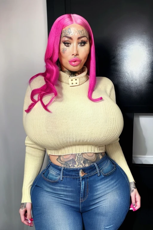 <lora:M4ryM4gd4l3n3_v1:1>,  high quality, high resolution, woman in sweater with long collar, at rock concert, jeans, thick thighs, big lips, wide hips, tattoos, pink hair, looking at viewer, mascara, piercings, big breasts, M4ryM4gd4l3n3