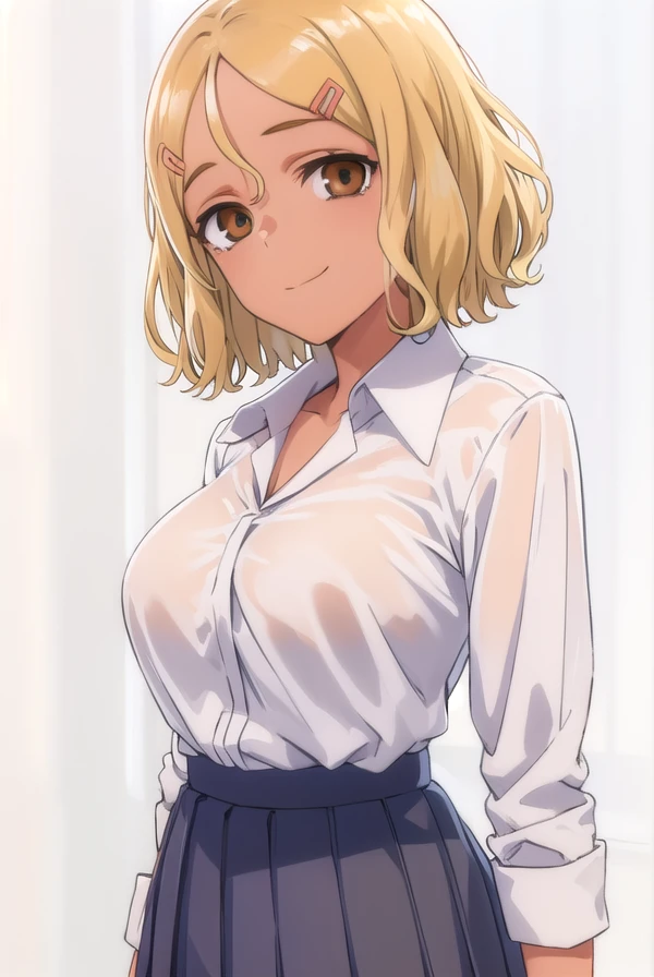 ijiranaidesakura, <lora:ijiranaide sakura s1s2-lora-nochekaiser:1>,
sakura, short hair, blonde hair, hair ornament, (brown eyes:1.5), hairclip, dark skin, dark-skinned female, smile,
BREAK skirt, school uniform, pleated skirt, shoes, socks, loafers, gyaru, loose socks, kogal,
BREAK indoors, classroom,
BREAK looking at viewer, (cowboy shot:1.5),
BREAK <lyco:GoodHands-beta2:1>, (masterpiece:1.2), best quality, high resolution, unity 8k wallpaper, (illustration:0.8), (beautiful detailed eyes:1.6), extremely detailed face, perfect lighting, extremely detailed CG, (perfect hands, perfect anatomy),