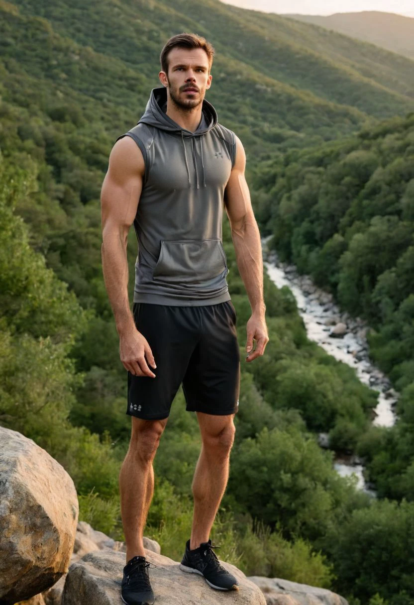 photo of Charlie Weber a man <lora:Killian-Belliard_Charlie-Weber:0.6>, wearing a sleeveless well-fitted under armour hoodie and compression shorts, standing on a boulder, outdoor trail, 35mm photograph, film, bokeh, professional, 4k, highly detailed, creek in the background, natural lighting, golden hour