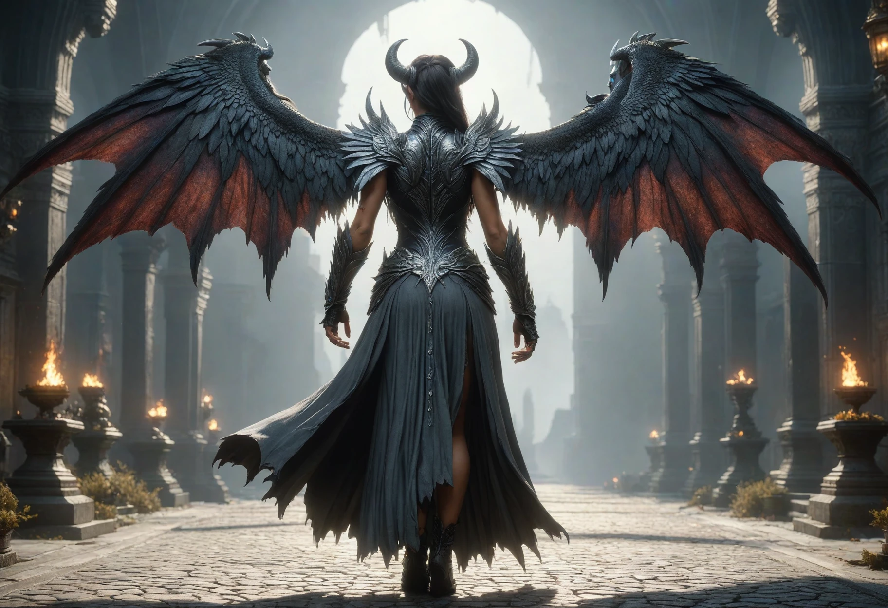 awesome quality, dynamic,DonMDr4g0nXL woman from behind,wings on back,skirt,(draconid:0.25) gray umbra orc <lora:DetailedEyes_V3:0.8>,<lora:myLora\DonMDr4g0nXL-v1.1rb:0.8>