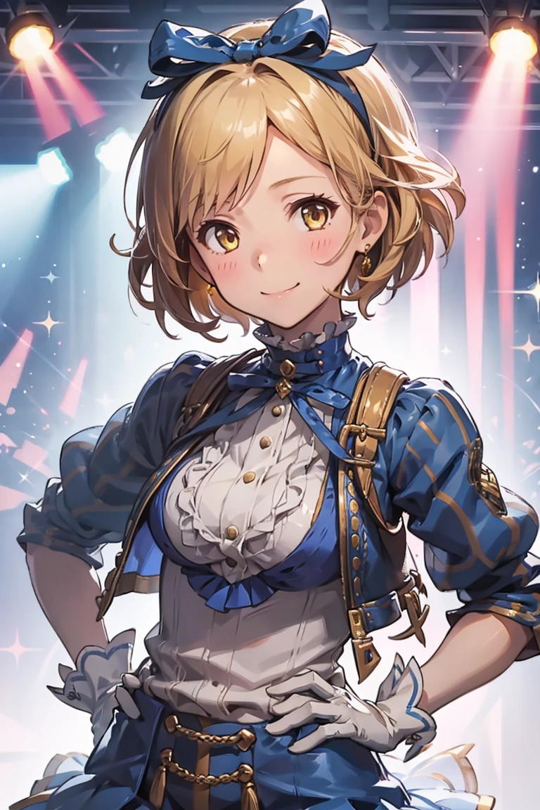 1girl, smile, gbf-idol djeeta, hair accessories, smile, blush, yellow eyes, gloves, hands on hips