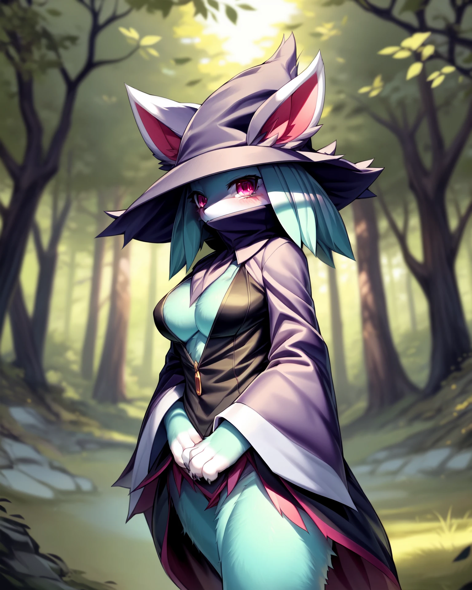 <lora:PW_Katress_a2_1_VPred>,<lora:fluffyrock-quality-tags-v4.rc11.5:0.5>,
(best quality, good quality),anthro,female,pwkatress,solo,hi res,
detailed background,kemono,by kame 3,by crayon \(artist\),
three-quarter view,forest,pink eyes,