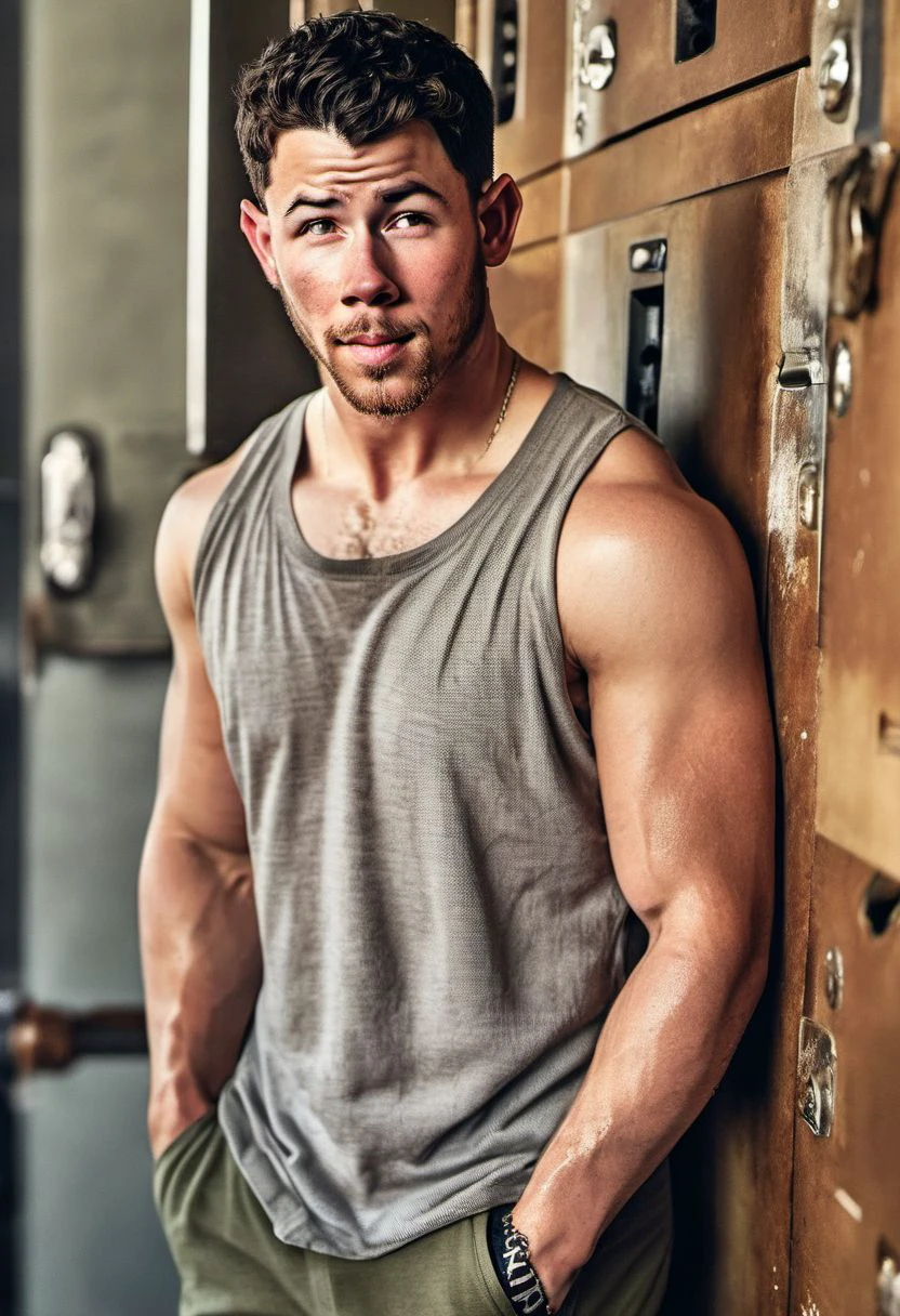 (RAW photo:1.4), nick jonas a man <lora:nick-jonas:1>, looking at viewer, smirk, full body, wearing tank top, sweating, towel around neck, standing, dark features, smooth, muscles, barefoot, ((steamy locker room setting)), intricate details, 8k, ultra-high-definition, (photo-realistic:1.3),(fit and sculpted physique:1.1), (accentuating his every curve:1.1), (subtle sheen and texture:1.2), (soft and brightly lit:1.2), (muted color palette:1.1),