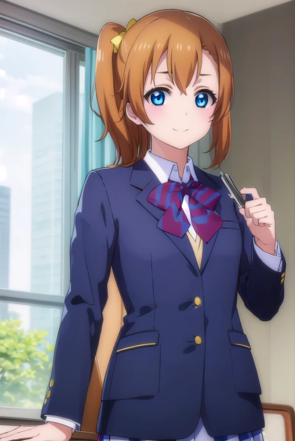 honokakousaka, <lora:honoka kousaka s1-lora-nochekaiser:1>,
honoka kousaka, blue eyes, brown hair, hair bow, orange hair, side ponytail, short hair, yellow bow, smile,
BREAK skirt, school uniform, jacket, blazer, winter uniform, otonokizaka school uniform,
BREAK indoors, classroom,
BREAK looking at viewer, (cowboy shot:1.5),
BREAK <lyco:GoodHands-beta2:1>, (masterpiece:1.2), best quality, high resolution, unity 8k wallpaper, (illustration:0.8), (beautiful detailed eyes:1.6), extremely detailed face, perfect lighting, extremely detailed CG, (perfect hands, perfect anatomy),