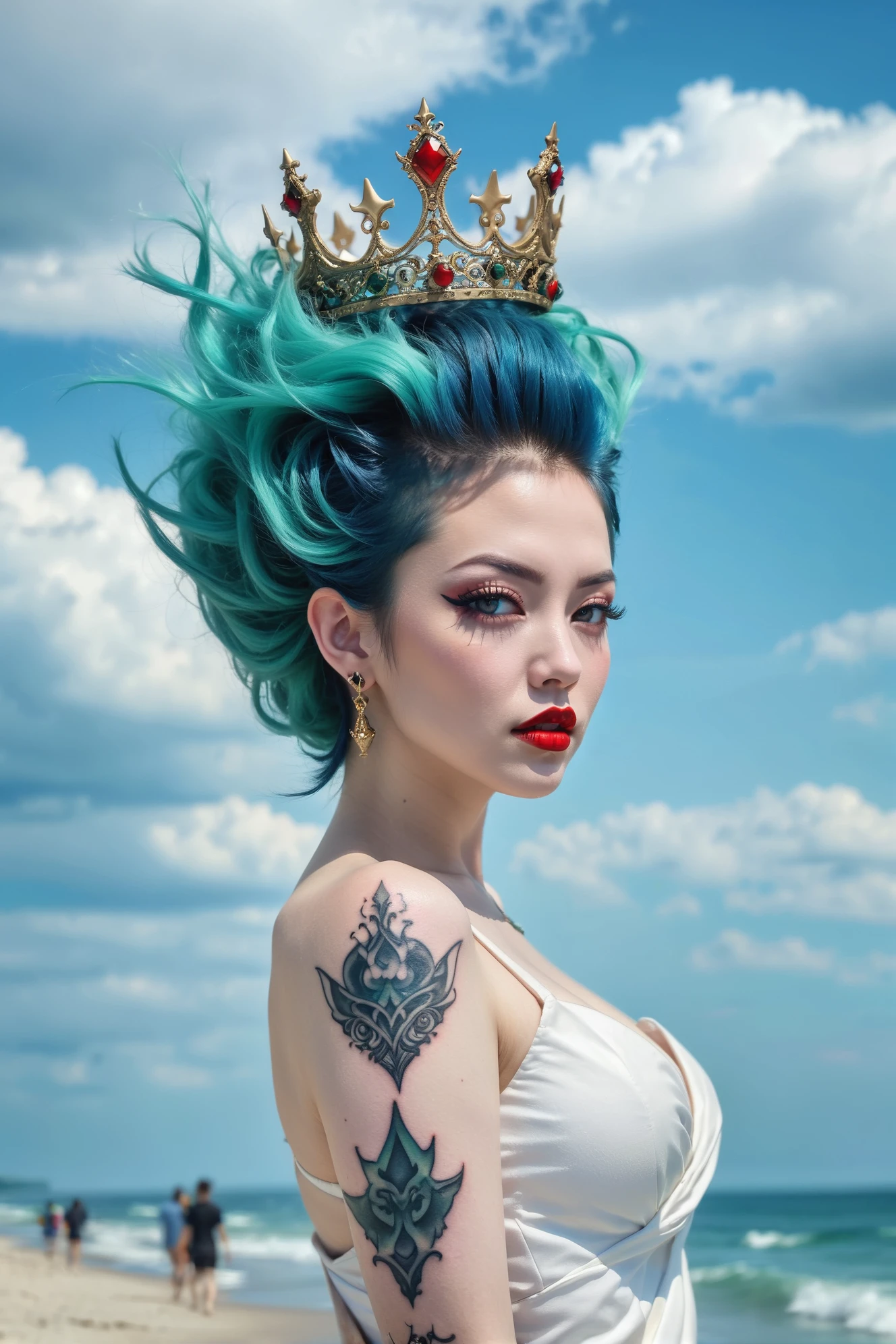 bokeh, 1girl, woman, evil queen, (red lipstick:1),(intricate tattoos:1.3),(huge opulent crown:1.3), bombshell hair, black and sea green hair, Mohawk, thick thighs, narrow waist, korean, noon, blue sky, clouds, scenery, in a Wind Erosion Passages<lora:EnvyFocalBlurXL01:1><lora:EnvyBetterHiresFixXL01:0:hr=1>