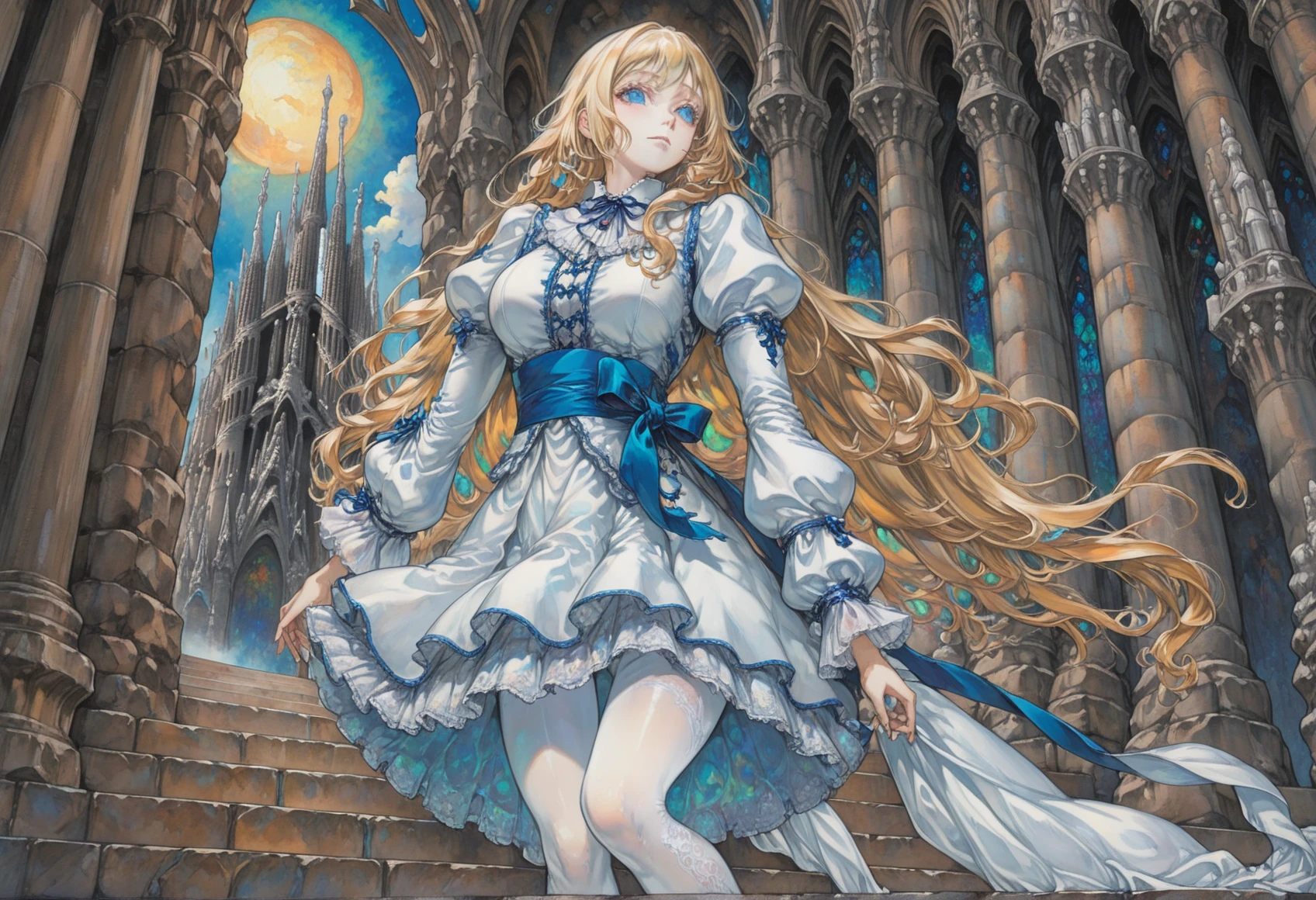 1girl, castlevania_ayami_kojima_xl, castlevania, maria renard, blonde hair, blue eyes, long hair, low-tied long hair, low ponytail, long sleeves, detailed illustration, puffy long sleeves, white puffy sleeves, white jacket, blue sash, ribbon, shoes, tiptoes, french attire, solo, white pantyhose,
on the steps of the basilica de la sagrada familia,
[pearl:opal:0.5], very aesthetic, masterpiece, best quality, hyper detailed, ultra detailed, UHD, perfect anatomy,
detailed Illustration, official artwork, wallpaper, official art, extremely detailed eyes and face, beautiful detailed eyes,
standing, full body, from below
<lora:castlevania_ayami_kojima_xl:1>
<lora:aesthetic_anime_v1s:1>
<lora:IOS_Iridescent_opal_style:0.6>