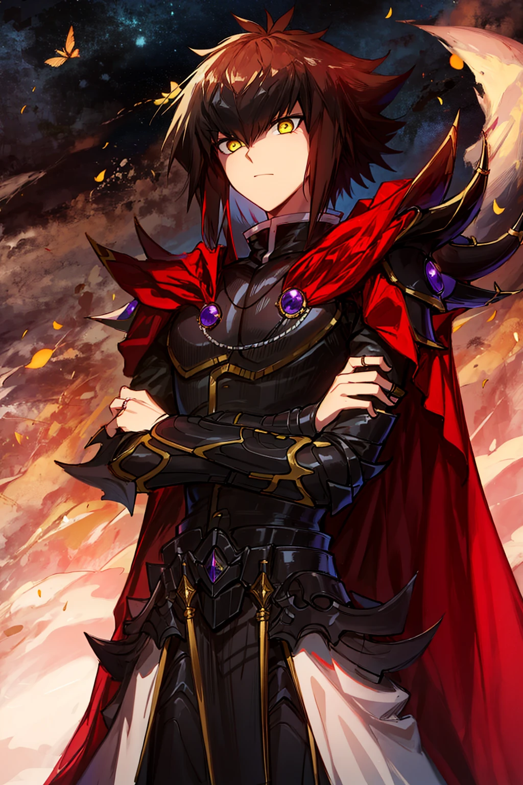 overlord, yuuki juudai, solo, 1boy, male focus, armor, red cloak, multicolored hair, brown hair, two-tone hair, yellow eyes, hair between eyes, bangs, sidelocks, closed mouth, medium hair, brown eyes, looking at viewer, <lora:ï¼é¸çåä»£ï¼overlord:1>, vampire castle, night, cowboy shot, shoulder armor, hand guard, crossed  arms,