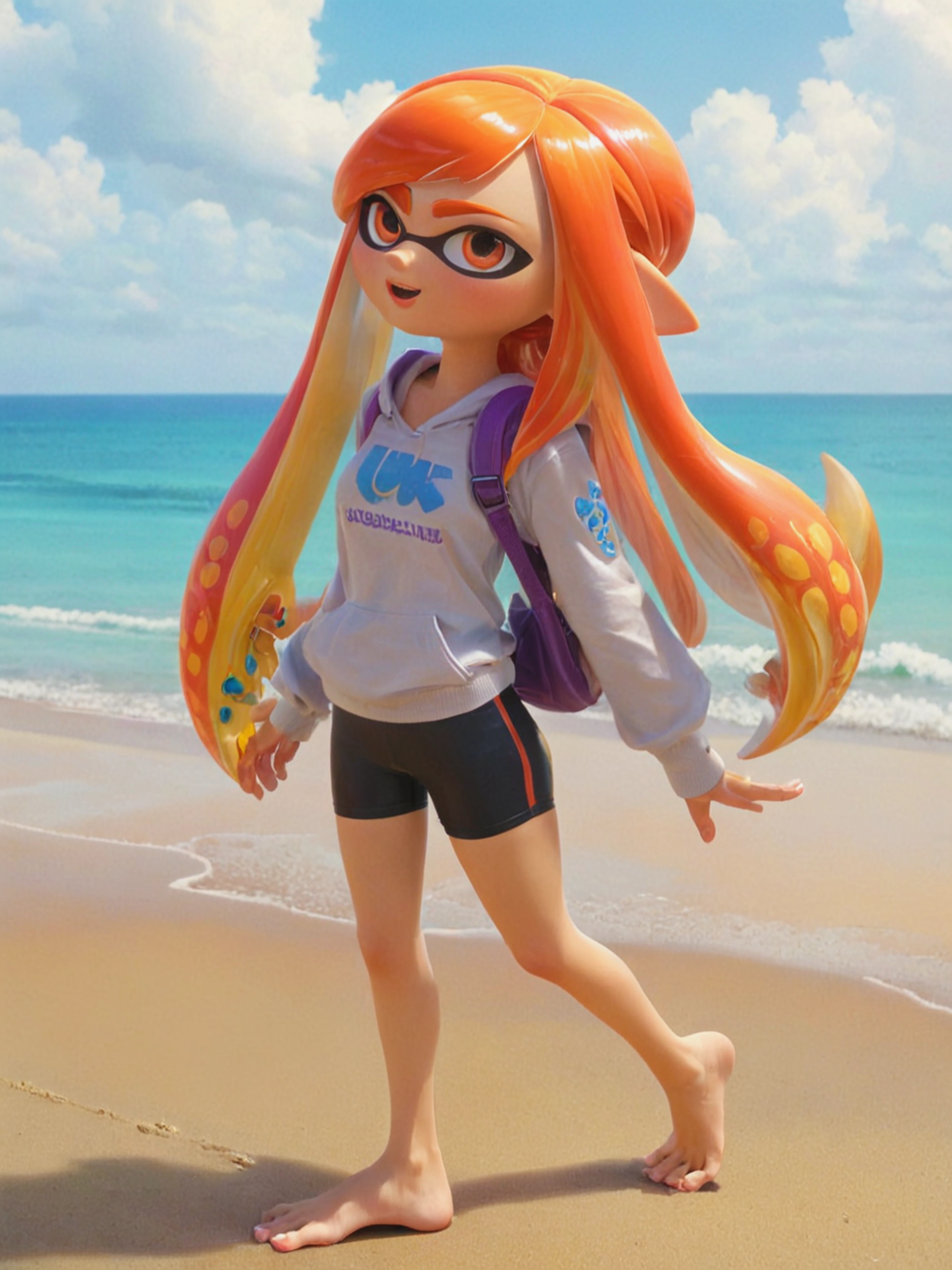 <lora:add-detail-xl:1> <lora:AiArtsChannel_Inkling:1> inkling, walking on a beach, hair blowing in the wind, casual clothes, sunset