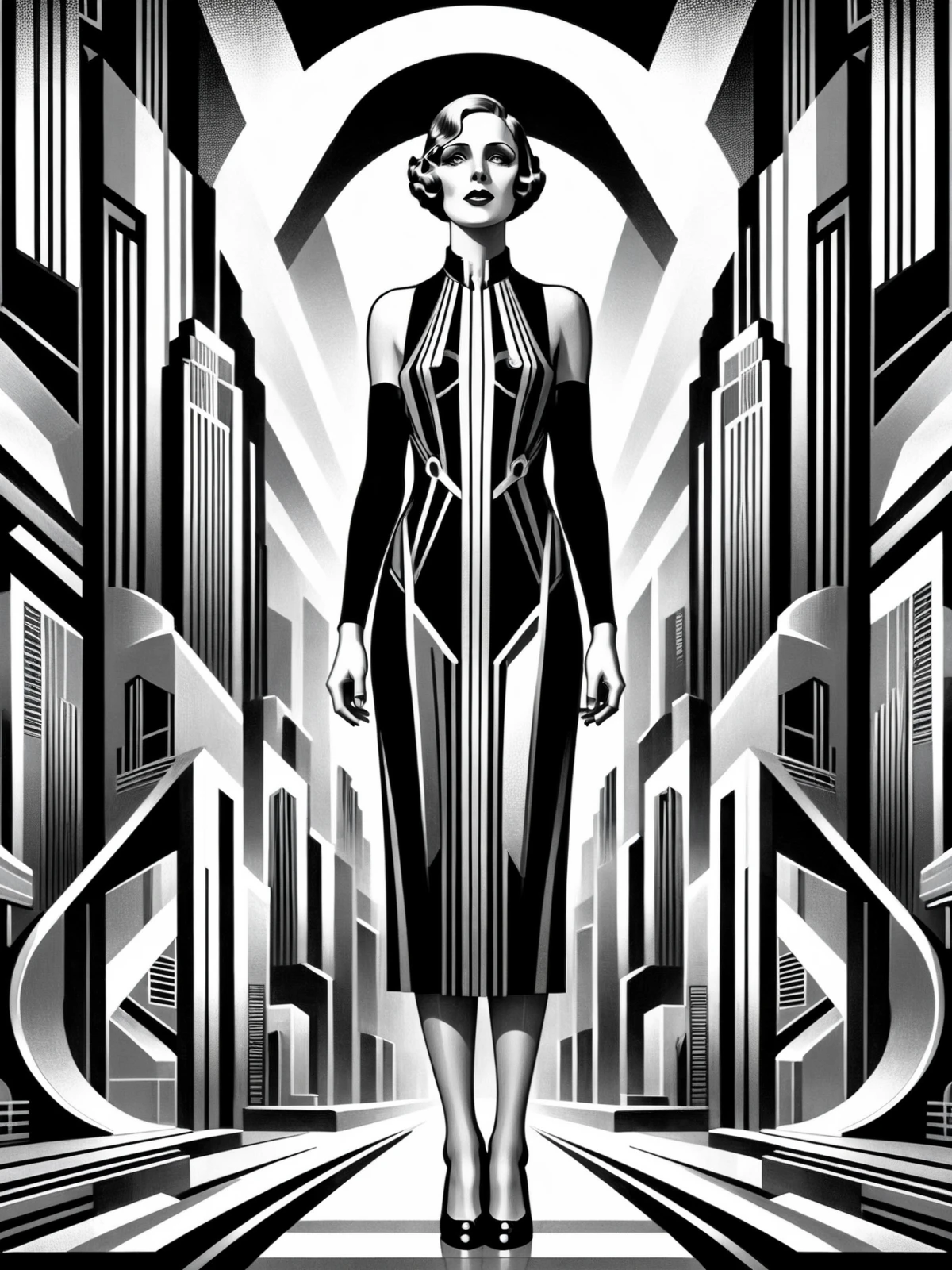 fullbodyview of a woman, office, futuristic, stylized, art deco, expressionist, 1920s, black and white, <lora:Metropolis_Movie_Poster_Style_SDXL:0.8> mad-ropolis-poster, (masterpiece:1.2), best quality, (hyperdetailed, highest detailed:1.2), high resolution textures