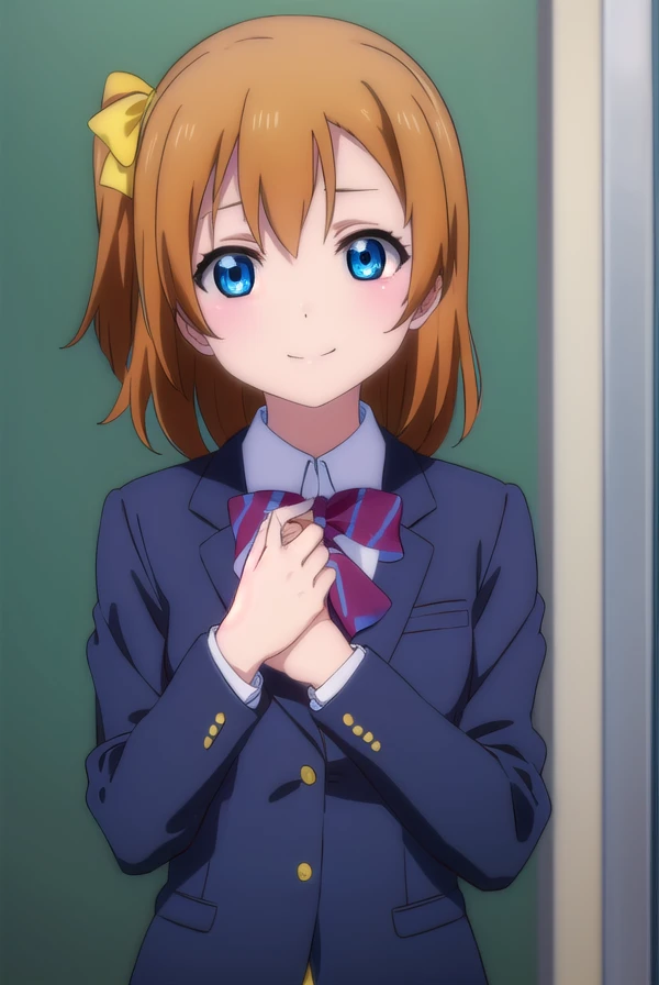 honokakousaka, <lora:honoka kousaka s1-lora-nochekaiser:1>,
honoka kousaka, blue eyes, brown hair, hair bow, orange hair, (one side up:1.2), short hair, yellow bow, smile,
BREAK skirt, school uniform, jacket, blazer, winter uniform, otonokizaka school uniform,
BREAK indoors, classroom,
BREAK looking at viewer, (cowboy shot:1.5),
BREAK <lyco:GoodHands-beta2:1>, (masterpiece:1.2), best quality, high resolution, unity 8k wallpaper, (illustration:0.8), (beautiful detailed eyes:1.6), extremely detailed face, perfect lighting, extremely detailed CG, (perfect hands, perfect anatomy),