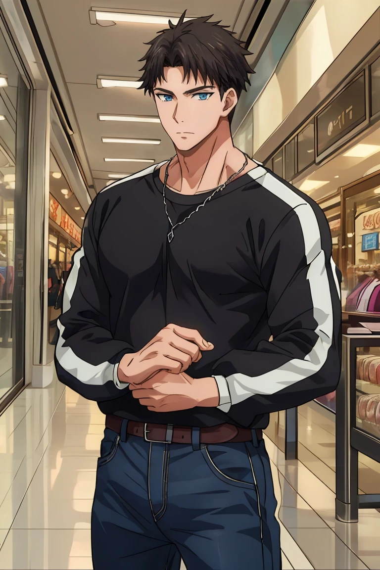 (((best quality, high resolution, masterpiece, very detailed))), <lora:Helper - detailSliderALT2:0.5>, <lyco:husbandoLocon_v4:0.3>, anime screencap, 1boy, solo focus, male focus, short hair, in mall looking at viewer, <lora:Character - Yubisaki Jounetsu - Souma Mizuno:0.7> soumamizuno, black hair, blue eyes, black shirt, necklace, pants, standing up