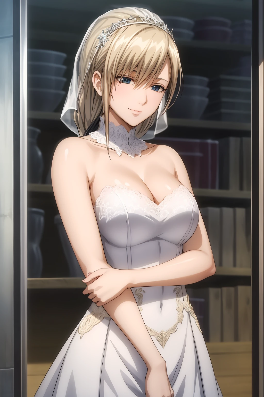 (RAW photo, best quality), masterpiece, an extremely delicate and beautiful, extremely detailed, 2k wallpaper, Amazing, finely detail, extremely detailed CG unity 8k wallpaper, ultra-detailed, highres, soft light, beautiful detailed girl, extremely detailed eyes and face, beautiful detailed nose, beautiful detailed eyes, cinematic lighting, perfect anatomy, beautiful body, hi-res, best quality, masterpiece, 1girl, solo, long hair, blue eyes, blonde hair, ponytail, nishiki_ikumatsu,wedding dress, gown, frills, veil, smile, garden