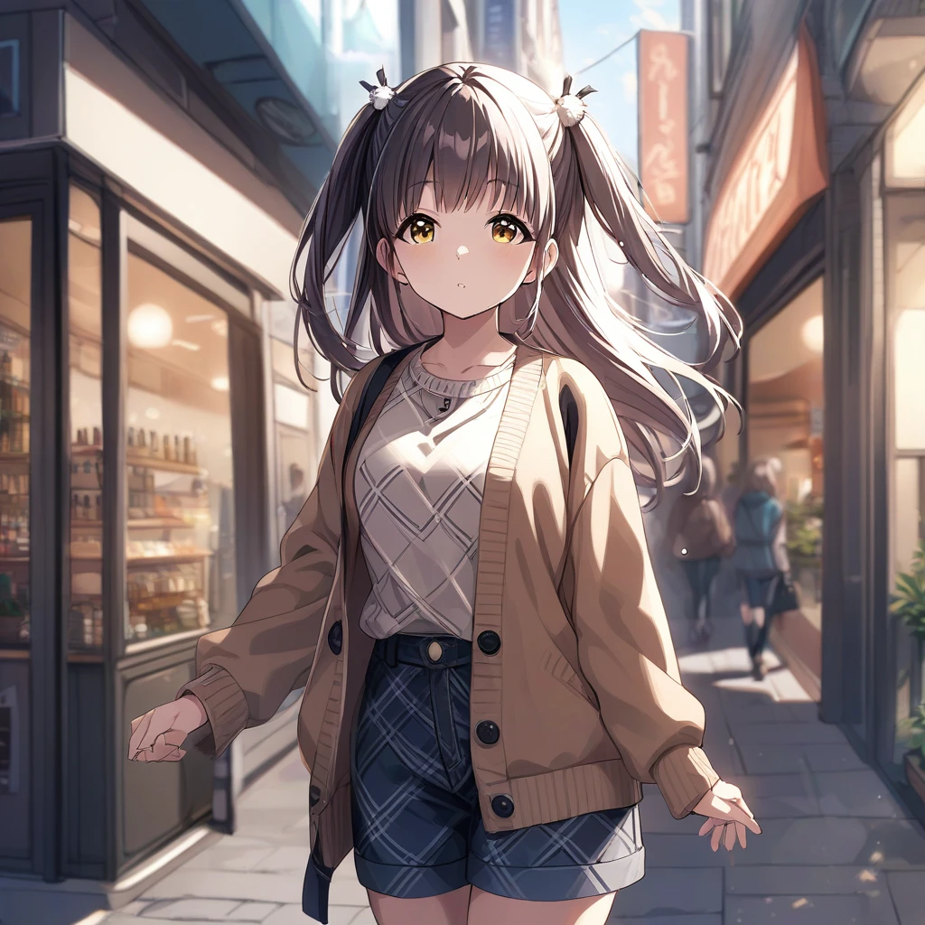 [high quality, best quality], 1girl, solo, suzumura yu, hair ornament, <lora:yu_xl-000021:0.72>, casual, street, city, depth of field