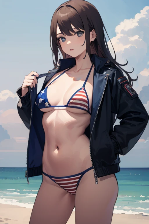 masterpiece,high quality,highres,1girl,solo,<lora:USA-bikini-only-v1-wasabiya:1>,usabikini,jacket,large breasts, bikini
