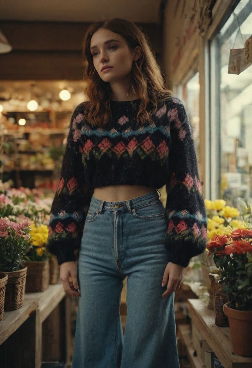 full body shot, flared jeans, freckled natural woman with black colorful 80s fluffy knitted sweater, 80s pattern, standing in front of valentins flower shop, 
 very detailed, atmospheric haze, Film grain, cinematic film still, shallow depth of field, highly detailed, high budget, cinemascope, moody, epic, OverallDetail, gorgeous, 2000s vintage RAW photo, photorealistic, candid camera, color graded cinematic, eye catchlights, atmospheric lighting, skin pores, imperfections, natural, shallow dof