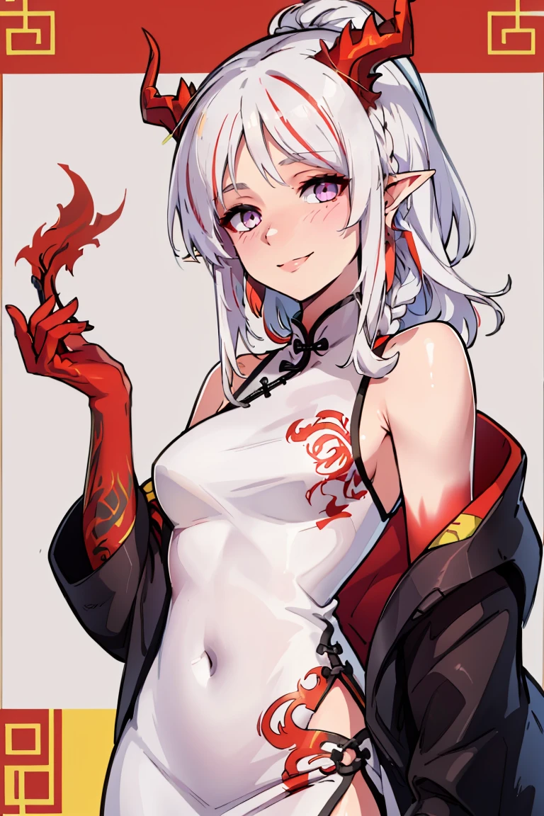 personagem de anime, alto detalhe, Estilo de arte detalhado, (smug smile:1.4), presas de vampiro, orelhas de elfo, cabelos curtos e cacheados vermelhos, pequeno peito, fraque, short curto, comprimento total, o corpo perfeito,