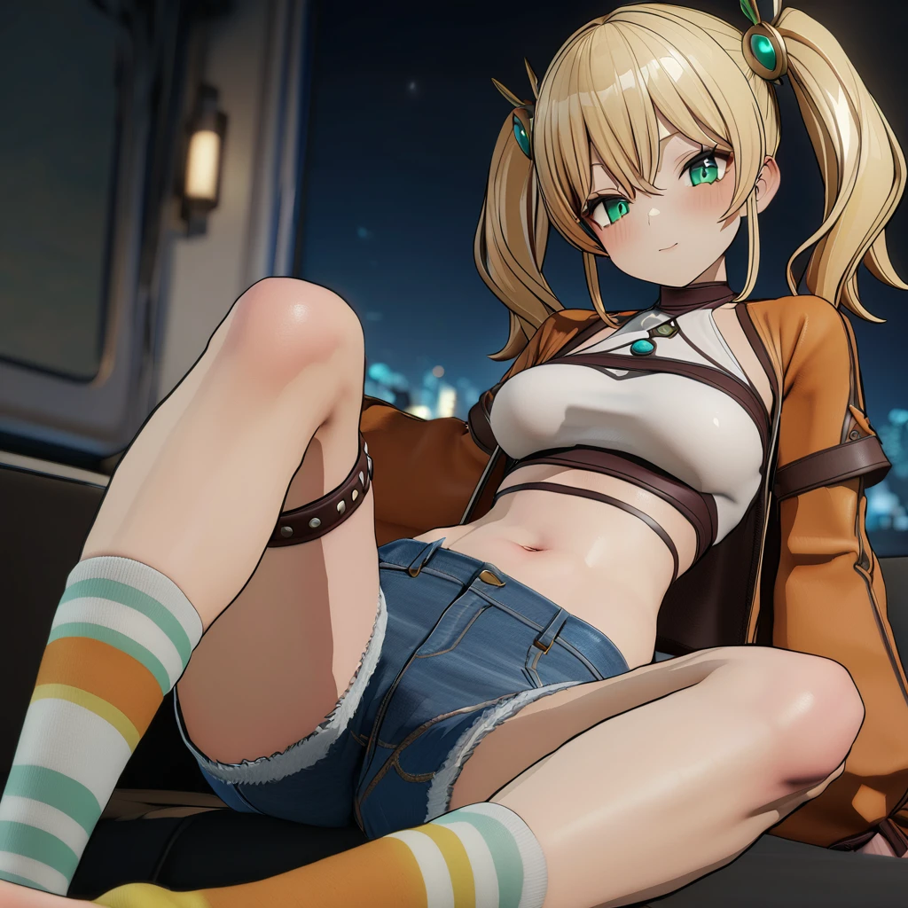 masterpiece, best quality, green eyes, looking at viewer, 3d style, breasts, sitting, halfling, red open jacket, twintails, blonde hair, night, denim shorts, hair ornament, navel, striped socks, Dohna Dohna, multicolored clothes, <lora:z_dy-95_xl:0.9> <lora:Dohna Dohna_xl:0.3>