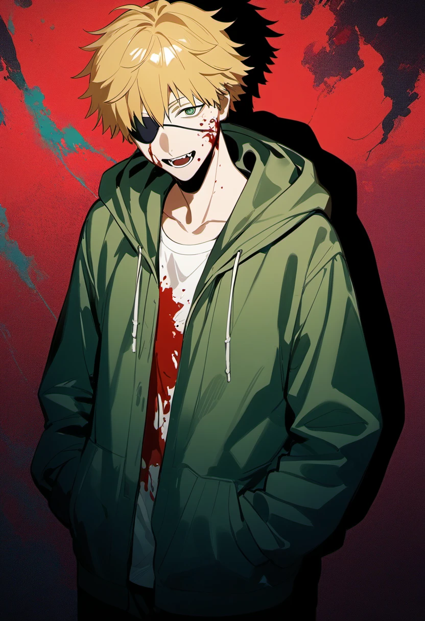 1boy, denji \(chainsaw man\), chainsaw man, blood on clothes, blood on face, blonde hair, hands in pockets, eyepatch, hooded jacket, long sleeves, fangs, male focus, green jacket, abstract background, shadow, very aesthetic, best quality, comic, high contrast