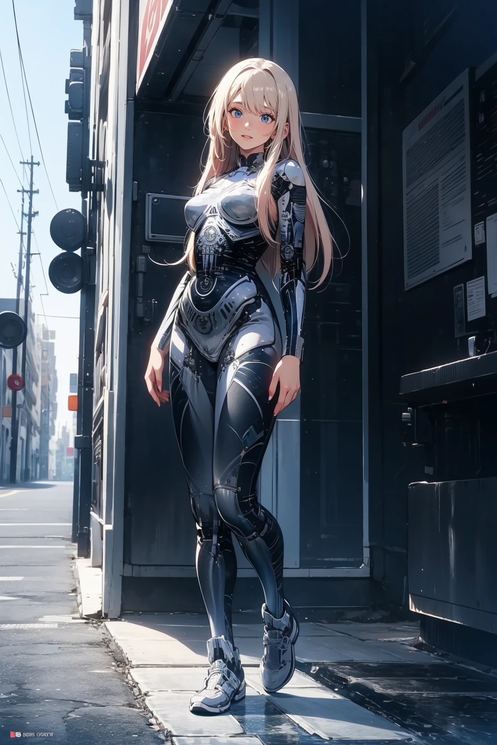 1girl,solo,medium breasts,outdoors,<lora:GoodHands-beta2:1>,(full body:1.3),<lora:0215 Cyborg skeleton 2_v1:0.9>, ruanyi0215,robot,blonde hair,, best quality,masterpiece,highres,official art,extremely detailed cg unity 8k wallpaper