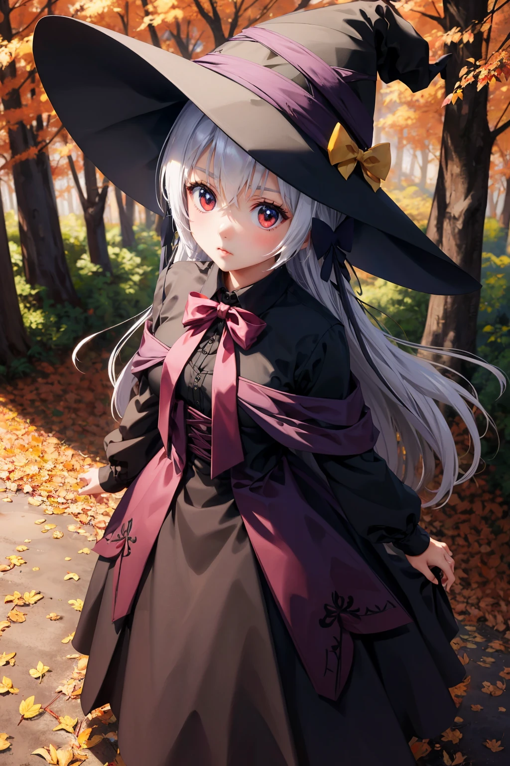 masterpiece, best quality, <lora:kamishiroalice-nvwls-v1-000009:0.8> kamishiro alice, witch hat, hair ornament, black dress, black skirt, long dress, black cape, yellow bow, furrowed brow, from above, pout, autumn, forest