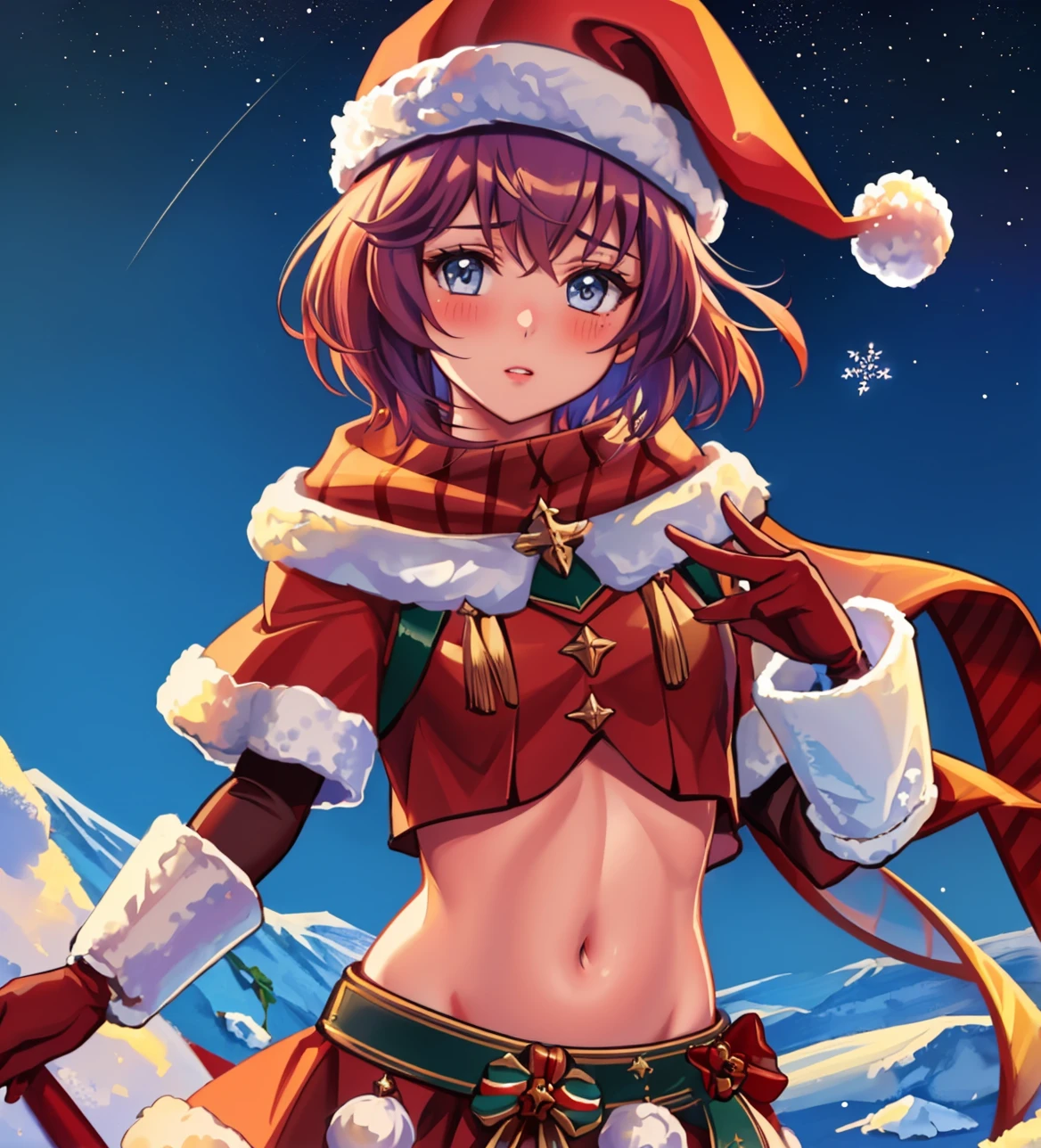masterpiece, 1girl, solo, parted lips, blush, <lora:BernadettaFEHXmas:0.9> xmasBernie, short hair, santa hat, midriff, winter