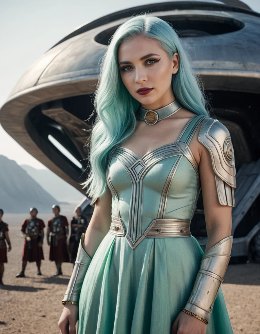 (medium shot, zoomed in upper body portrait:1.3) (Utopian Space Roman Empire scifi style:1.5) photo of a young (Latvian:1.5) woman seductively kneeling facing diagonal to camera, in a (futuristic Roman:1.1) (spaceport:1.3), (hills in the distance:0.7), (inside:1.3), afternoon, clear skies.
She is a laughing, (perfect teeth:1.3) slutty beautiful muscular young 25 year old (emo:1.3) woman with long blue hair, dark brown eyes, (tiny breasts:1.3), large ass, (perfect hands:1.1), (makeup, eyeliner, eyeshadow, lipstick:1.1), (pores:0.3), (goosebumps:0.5), (film grain:0.7).
She is wearing a (sleek Roman Scifi pastel green gauze long flowing dress:1.1).
(intricate sharp details:1.5), ultra high res