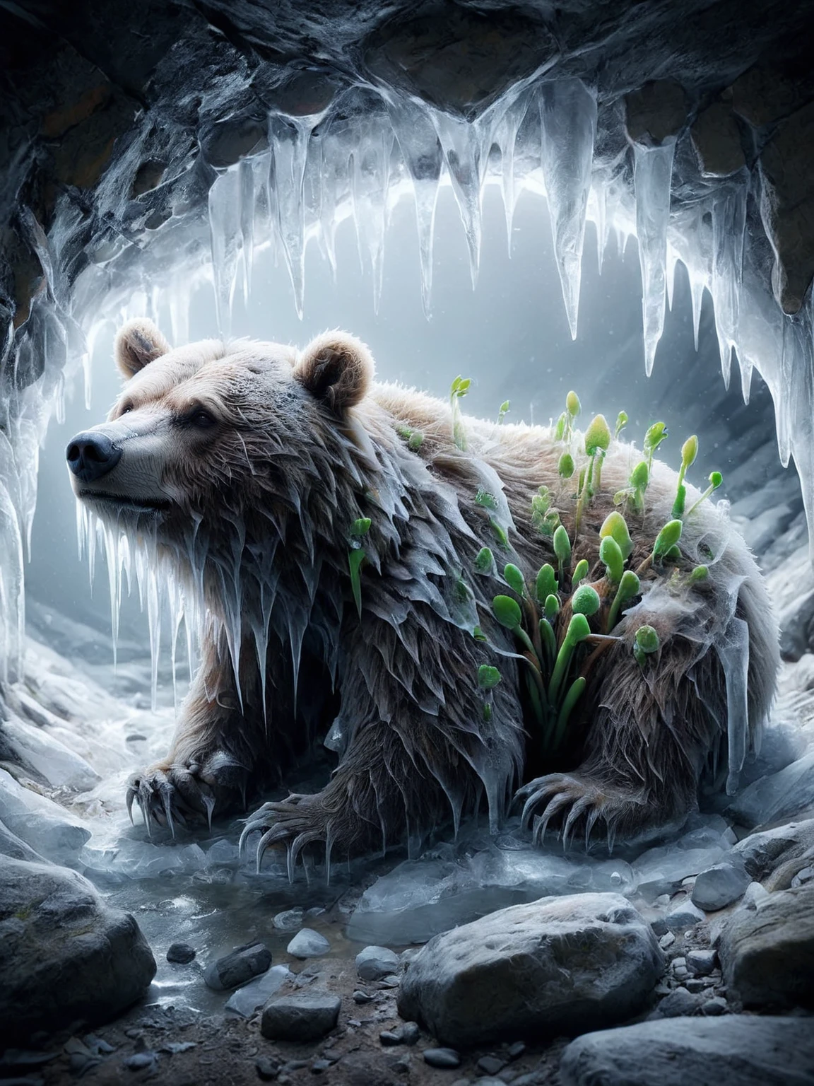 ais-sproutz hibernating bear in a cave<lora:Sprouting_Spring_SDXL:1>