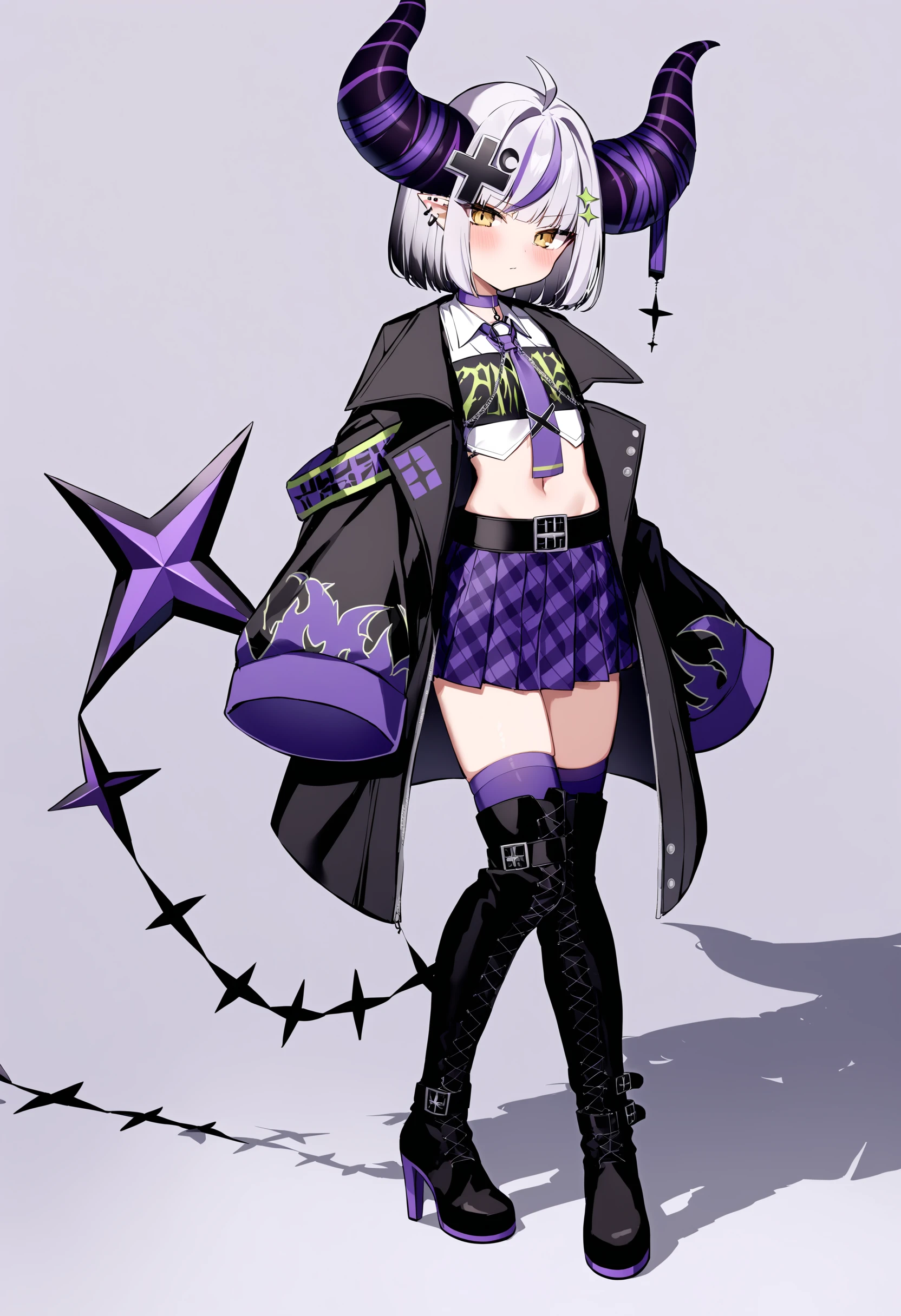 la+3rd, 1girl, horns, sleeves past fingers, skirt, boots, purple skirt, necktie, thighhighs, pointy ears, hair ornament, black footwear, pleated skirt, x hair ornament, sleeves past wrists, shirt, looking at viewer, demon horns, purple horns, white background, purple necktie, full body, purple thighhighs, long sleeves, tail, blush, navel, plaid skirt, high heel boots, simple background, standing, belt, choker, white shirt, knee boots, open clothes, plaid, midriff, piercing, crop top, miniskirt, ear piercing, high heels, closed mouth, coat,<lora:laplusv3:1>,