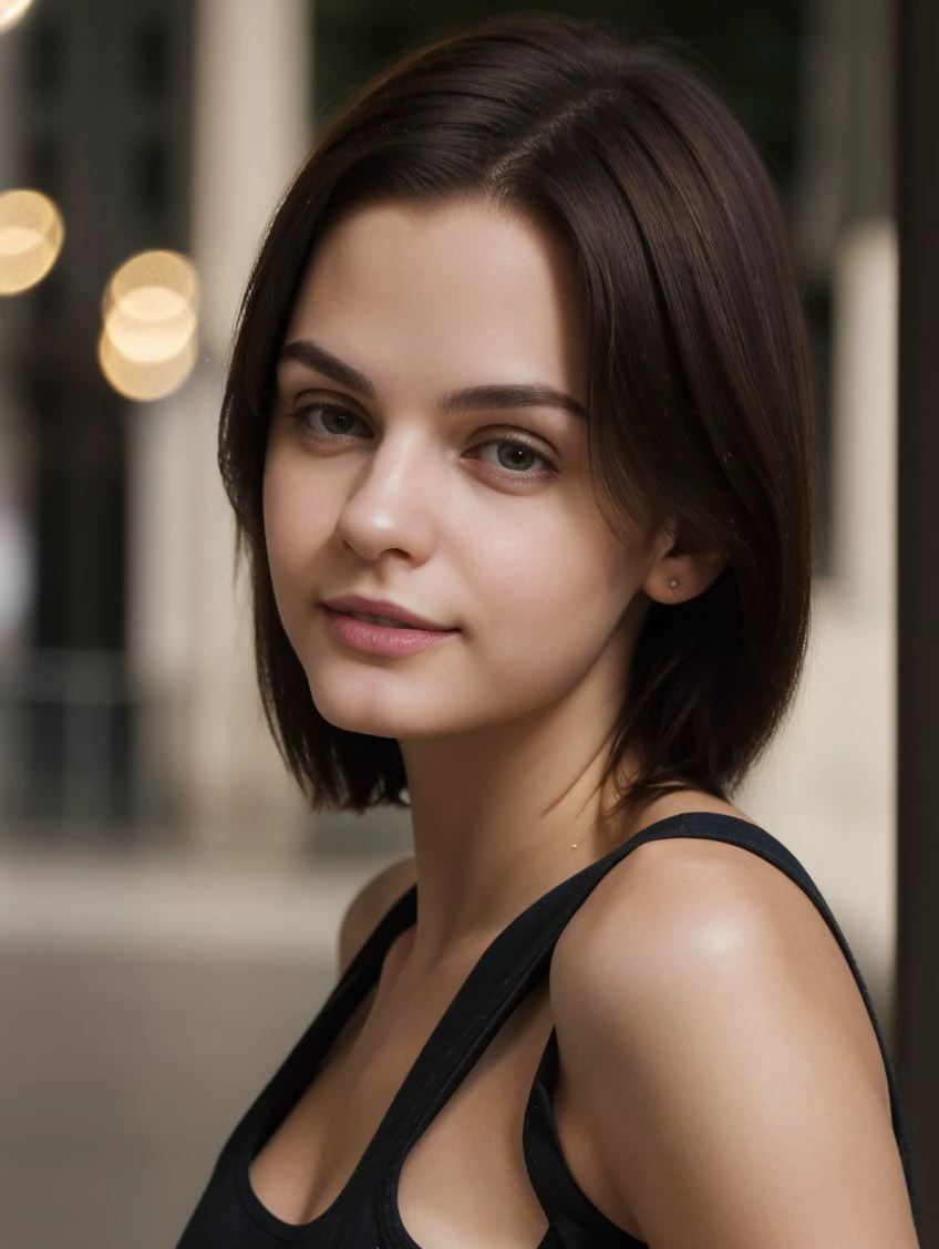 cinematic film still portrait Photo of Ariel_Lilit, 167 cm tall, slim body, sensual smile, wearing casual clothes (black tank top, jeans, stiletto heels), short hair, (looking at viewer:1.1), <lora:backlight_slider_v10:1.2>, <lora:epiCRealismHelper:1>, <lora:skin_tone_slider_v1:-1>, empty street at night background, 8K, 16k, uhd, dslr, best quality, high quality, realistic, photo-realistic, ultra-detailed, <lora:Ariel_Lilit:1> PA7_Portrait-CU . shallow depth of field, vignette, highly detailed, high budget, bokeh, cinemascope, moody, epic, gorgeous, film grain, grainy