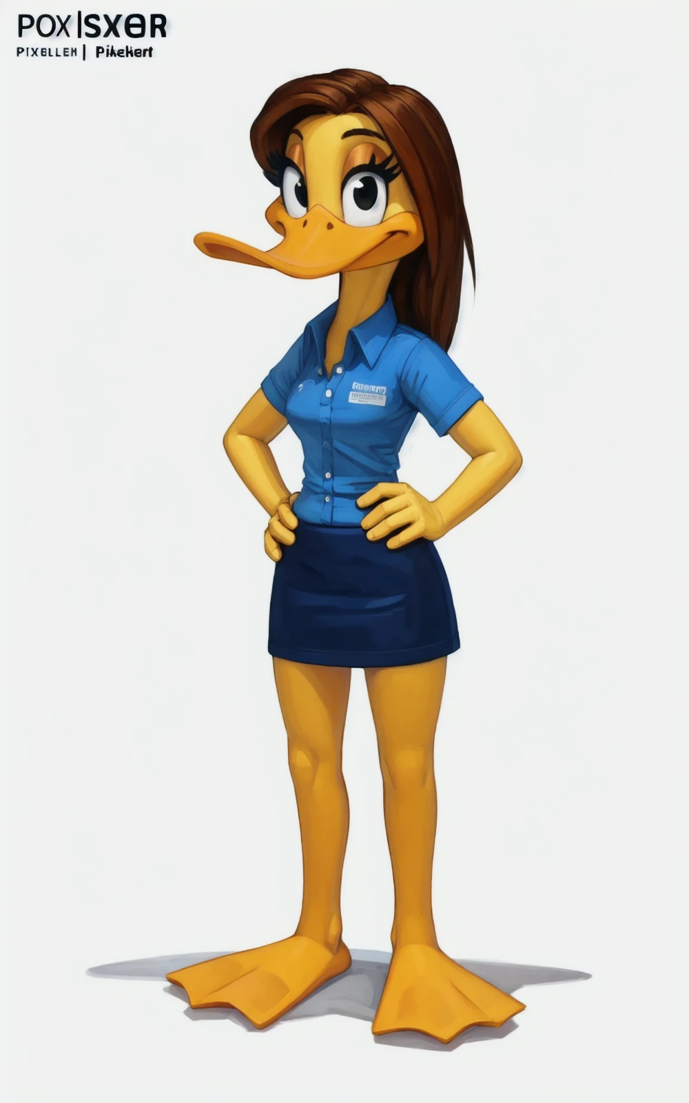 8k,4k,((Best quality, masterpiece, ultra high resolution)),((full body, by pixelsketcher)),  <lora:TinaRussoV2:0.7>,TinaRussoV2,duck,[ beak], bird, eyelashes,yellow skin,brown hair ,furry female,orange legs,webbed feet,blue shirt,blue skirt,short sleeves,pocket, collared shirt, breast pocket,collared shirt,black eyes,(white background),hands on hips,solo,