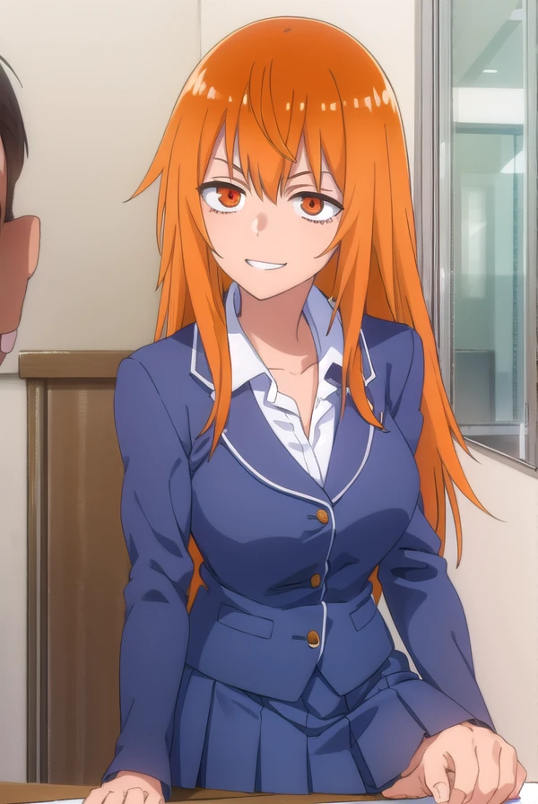 makigamou, <lora:maki gamou s1s2-lora-nochekaiser:1>,
maki gamou, long hair, orange hair, (orange eyes:1.3), sanpaku, smile, grin,
BREAK skirt, shirt, jewelry, school uniform, white shirt, pleated skirt, earrings, blue skirt,
BREAK indoors, classroom,
BREAK looking at viewer, (cowboy shot:1.5),
BREAK <lyco:GoodHands-beta2:1>, (masterpiece:1.2), best quality, high resolution, unity 8k wallpaper, (illustration:0.8), (beautiful detailed eyes:1.6), extremely detailed face, perfect lighting, extremely detailed CG, (perfect hands, perfect anatomy),