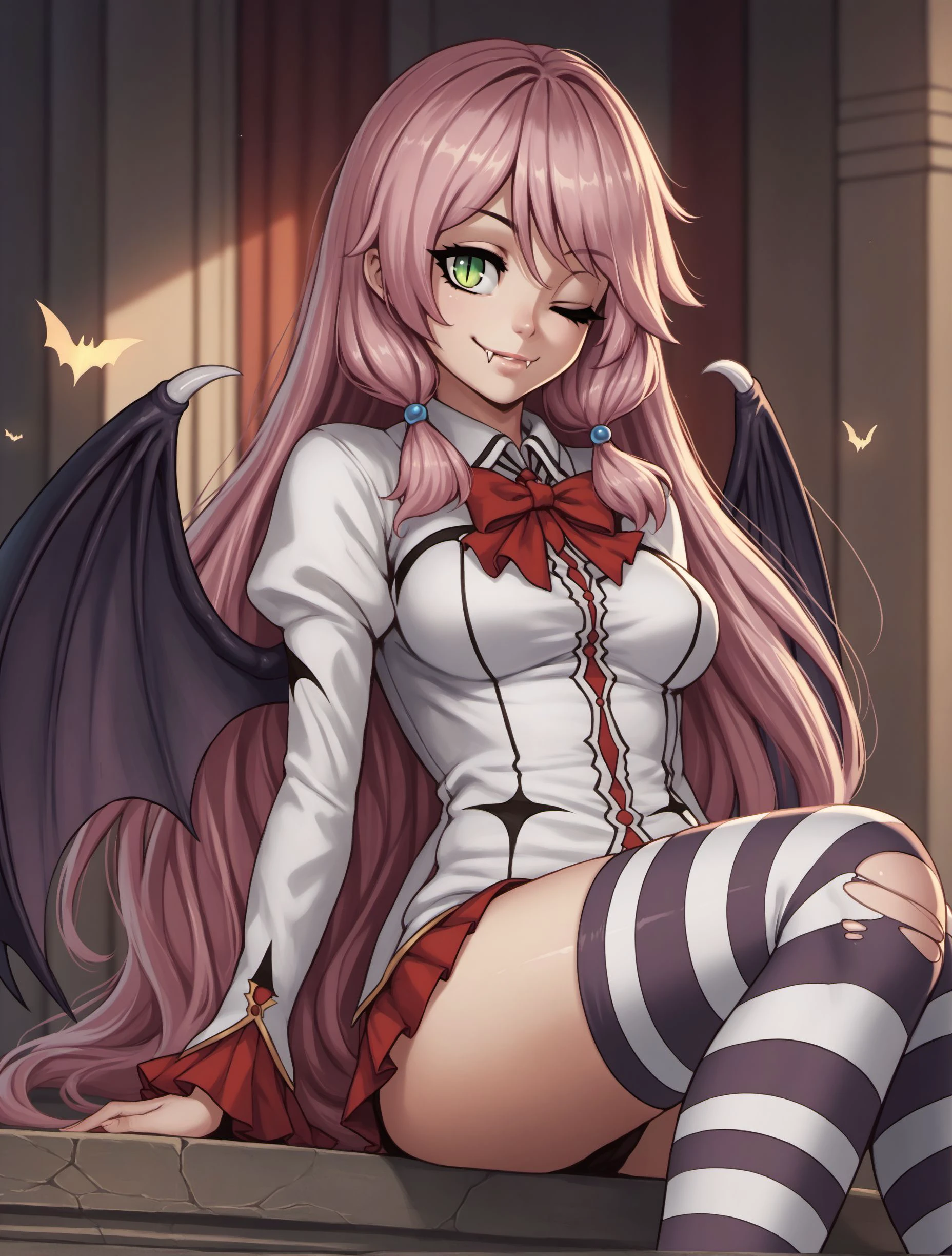 score_9, score_8_up, score_7_up, score_6_up, score_5_up, score_4_up, BREAK
FlareArlgrande, 1girl, bat wings, breasts, clothed, clothing, cute fangs, fully clothed, legwear, lips, looking at viewer, membrane (anatomy), membranous wings, notched wings, one eye closed, pattern clothing, pattern legwear, shirt, sitting, smile, solo, striped clothing, striped legwear, stripes, topwear, wings,
<lora:FlareArlgrande_PD6XL:1>