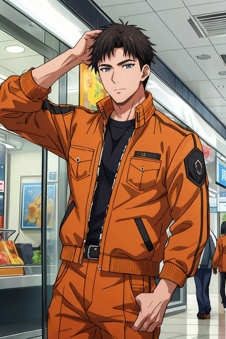 (((best quality, high resolution, masterpiece, very detailed))), <lora:Helper - detailSliderALT2:0.5>, <lyco:husbandoLocon_v4:0.3>, anime screencap, 1boy, solo focus, male focus, short hair, in mall, looking at viewer, <lora:Character - Yubisaki Jounetsu - Souma Mizuno:0.7> soumamizuno, black hair, orange jacket, orange pants,