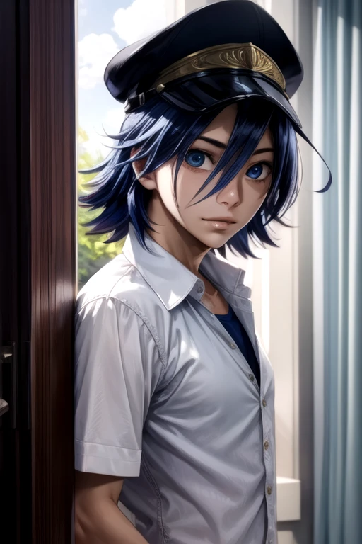 photorealistic, (4k), depth of field, (Masterpiece), (realistic skin texture), extremely detailed, intricate, hyper detailed, high resolution, professional photography, , depth of field, sharp detail, best quality, looking at viewer, 1boy, solo, male focus, <lora:sangaku_manami:0.82>, sangaku_manami, blue hair, blue eyes, hair between eyes, ahoge, button-up shirt, scally cap, islamic golden age, 12k resolution