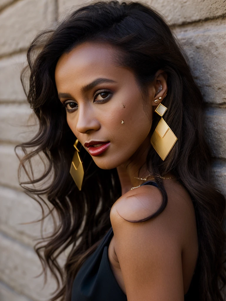Realistic photo of a beautiful 1m4n woman,1girl,solo,long hair,looking at viewer,brown hair,black hair,brown eyes,jewelry,earrings,dark skin,nail polish,dark-skinned female,lips,fingernails,makeup,crossed arms,lipstick,watch,realistic,wristwatch,against wall,realistic, soft lighting, professional Photography, Photorealistic, detailed, RAW, analog, sharp focus, 8k, HD, high quality, masterpiece<lora:1m4n:1.0>