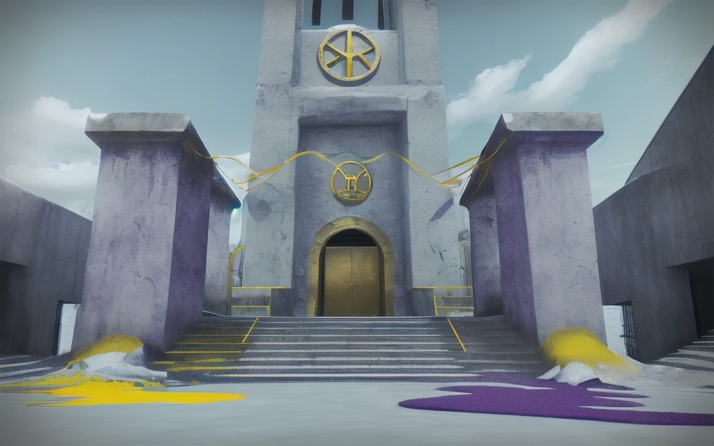 there is a (stone tower:1.1) in the background, with (metal pillars:1.1) infront, in the foreground there are (white stone:1.1) structures with (yellow metal:1.1) and (yellow ribbons:1.1) flapping in the wind, there are a few (metal objects:1.1) floating, the (symbol of the nine:1.33) is on the floor, with (purple sand:1.1) covering some (steps:1.1)<lora:Realm_of_the_Nine:1.0><lora:Realm_of_the_Nine:1.0><lora:Realm_of_the_Nine:1.0><lora:Realm_of_the_Nine:1.0>