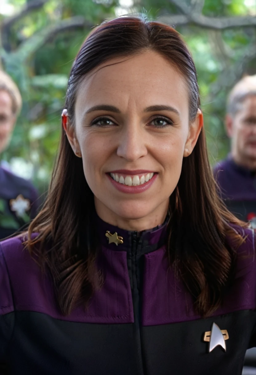 cinematic photo (Jacinda Ardern) <lora:JacindaArdernXL-128:1> wearing a <lora:DS9XLV21_16:0.6> ds9st uniform, solo . 35mm photograph, film, bokeh, professional, 4k, highly detailed