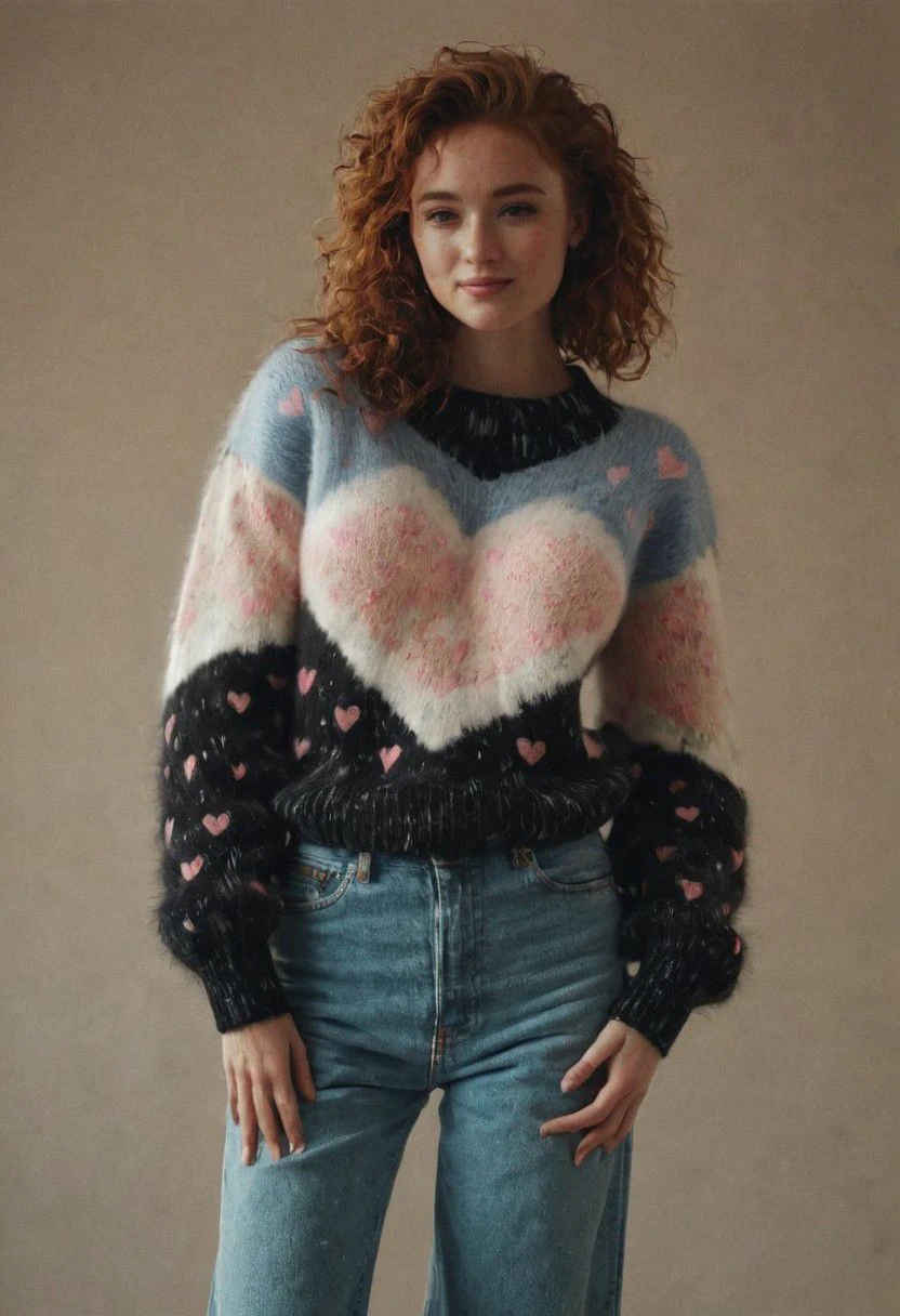 full body shot, freckled natural woman with black colorful 80s fluffy knitted sweater, heart icon, valentins heart icon, colorful, 80s pattern, flared jeans, light smile, 
 very detailed, atmospheric haze, Film grain, cinematic film still, shallow depth of field, highly detailed, high budget, cinemascope, moody, epic, OverallDetail, gorgeous, 2000s vintage RAW photo, photorealistic, candid camera, color graded cinematic, eye catchlights, atmospheric lighting, skin pores, imperfections, natural, shallow dof