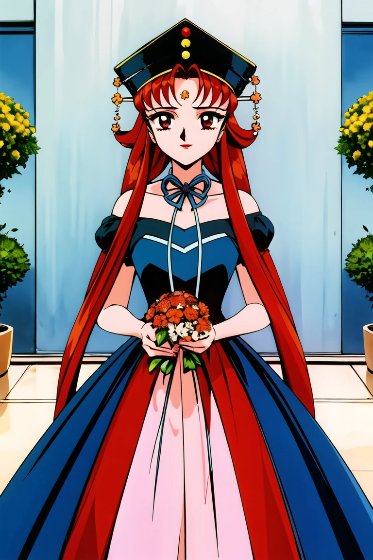 masterpiece,best quality,highres,<lora:Princess Kakyuu:0.6>,Princess Kakyuu,1990s \(style\),makeup,1girl,red hair,retro artstyle,solo,hair rings,red eyes,hat,forehead mark,looking at viewer,cowboy shot,evening gown,ballroom e youkoso,indoors,holding flower,