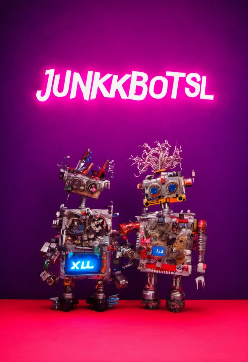 <lora:JunkBots_XL-000007:1> Characters in mid-celebration, surrounded by a whirlwind of gears and wires, (with "JUNKBOTS XL" shining brightly above like a neon sign:2.0).
