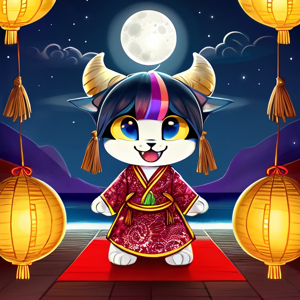 LunarChibiDragon,solo,looking at viewer,smile,open mouth,full body,:d,horns,sky,no humans,sparkle,night,fangs,watermark,moon,tassel,full moon,lantern,scales,paper lantern,chibi,lunar new year,
<lora:LunarChibiDragon:1>,cultural red and yellow chinese clothes