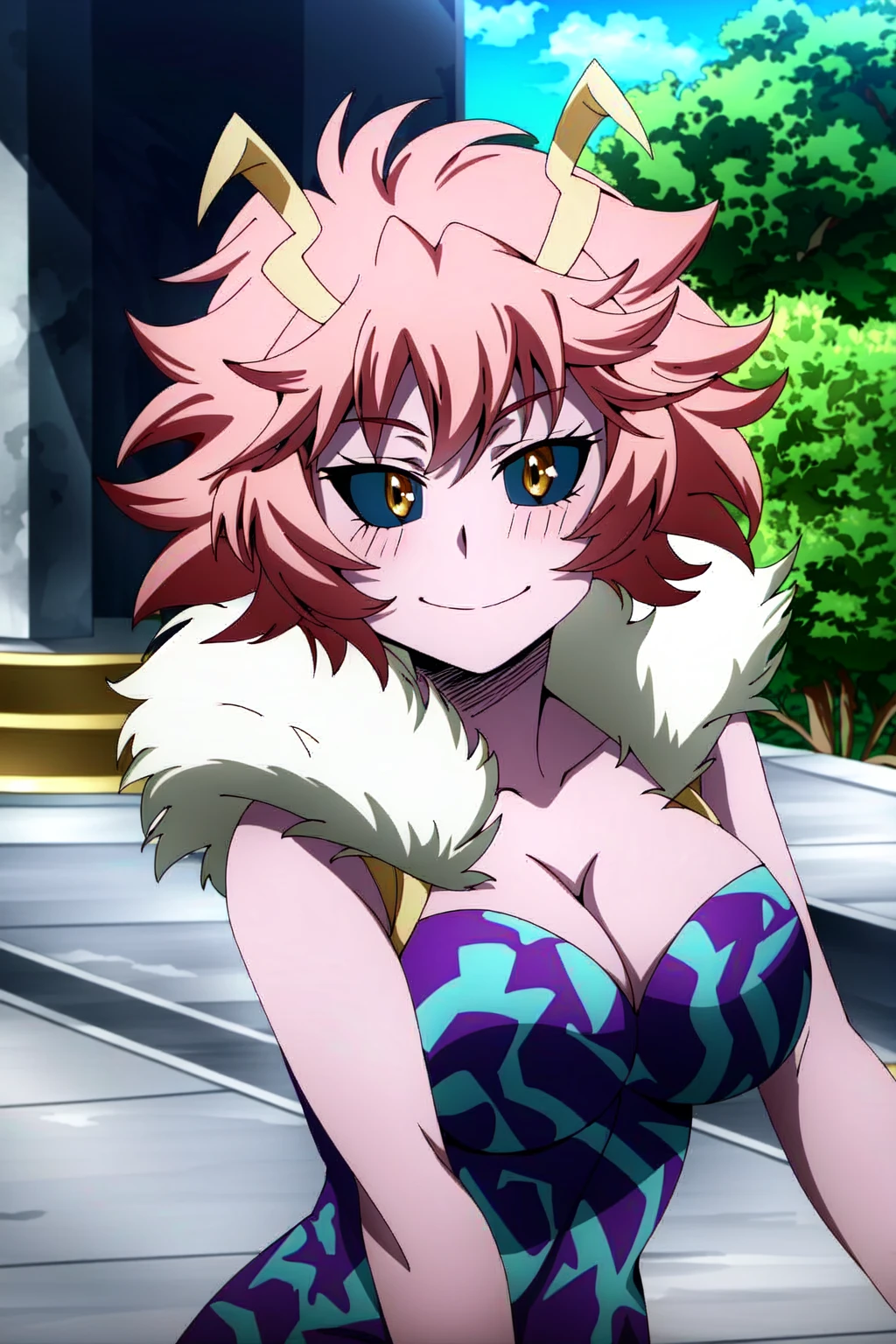 (extremely detailed CG unity 4k wallpaper),(masterpiece),(best quality),(ultra-detailed),(best illustration),(best shadow),(absurdres),(detailed background) <lora:OGT_Mina_Ashido-v1:1> Mina Ashido, ashido mina, 1girl, black sclera, pink skin, horns, pink hair, colored sclera, solo, unitard, breasts, yellow eyes, colored skin, cleavage, short hair, large breasts, bodysuit, outdoors, smile